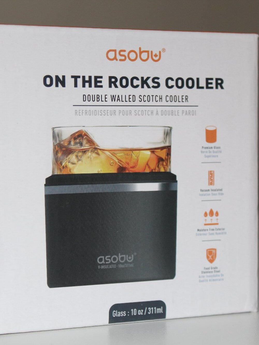 Asobu On The Rocks Cooler Whiskey Glass & Black Insulated Sleeve 10 Oz